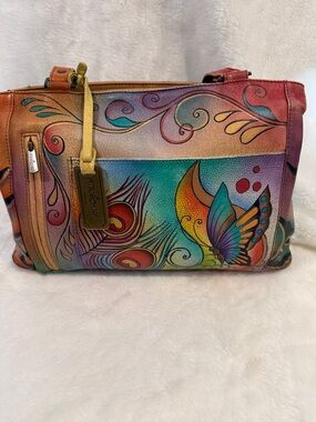 Anuschka Hand Painted Leather Butterfly Peacock Tote Multi Color Organizer Purse